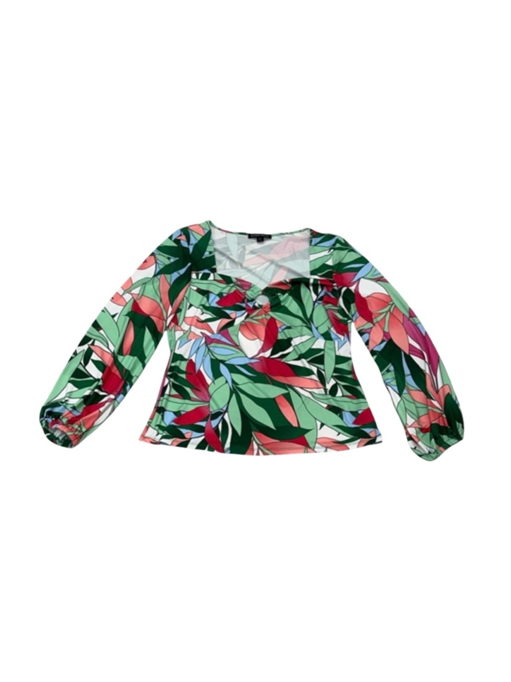 Boston Proper Tropical Leaf Print Blouse Large Balloon Sleeve Top